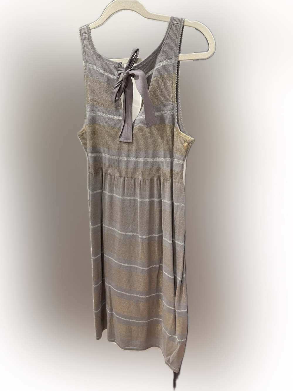 Sleeveless Shimmery Taupe-Stripes Knit Dress